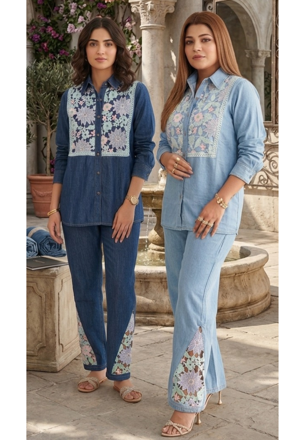 Boho-Chic Denim Co-ord Set with Pastel Floral Lace Appliqué- 14517 (LEAN FIT) W157