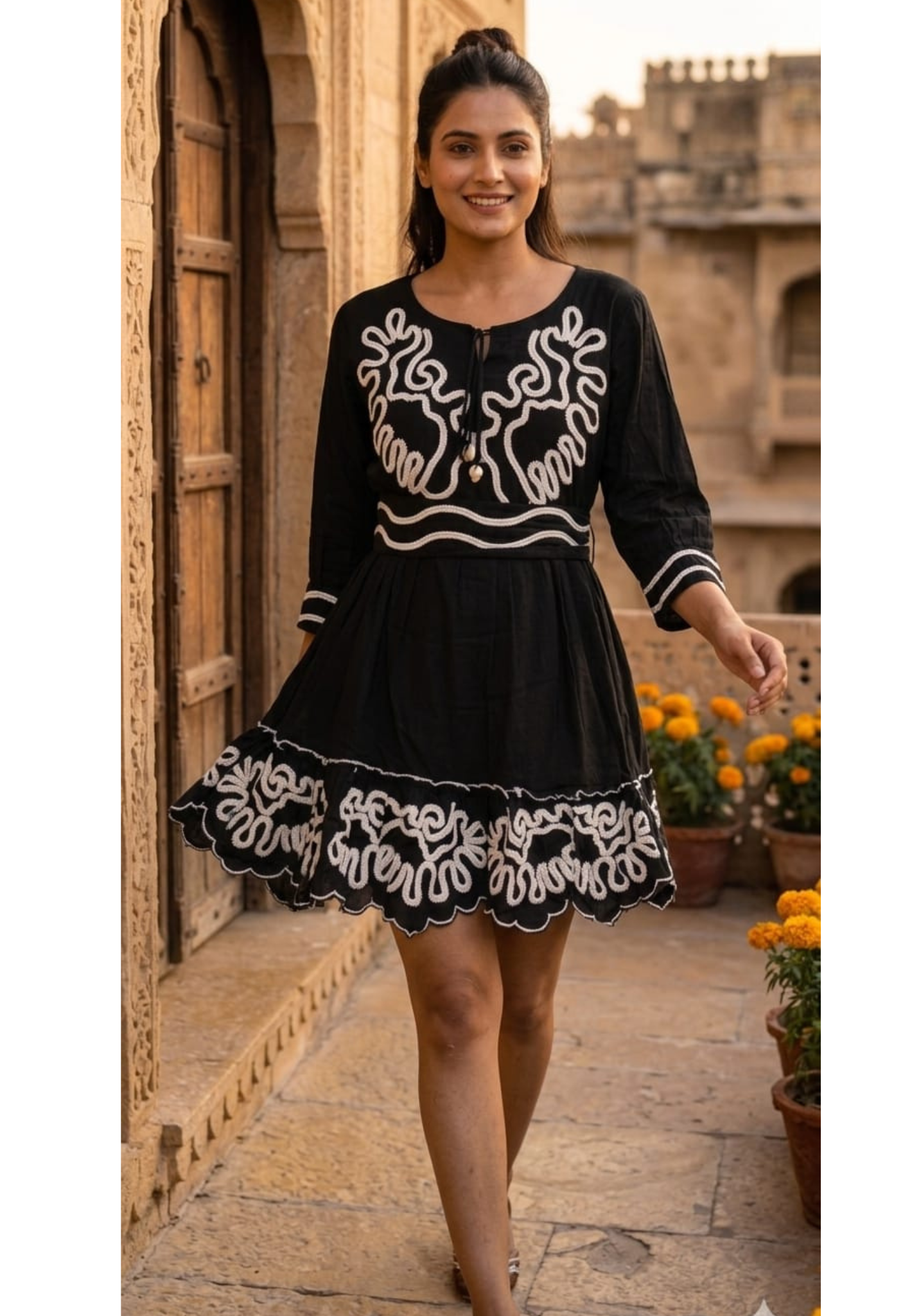 Midnight Onyx Scalloped Flare Frock with Contrast Corded Patchwork and Tasseled V-Neck Ankle Length- 14577