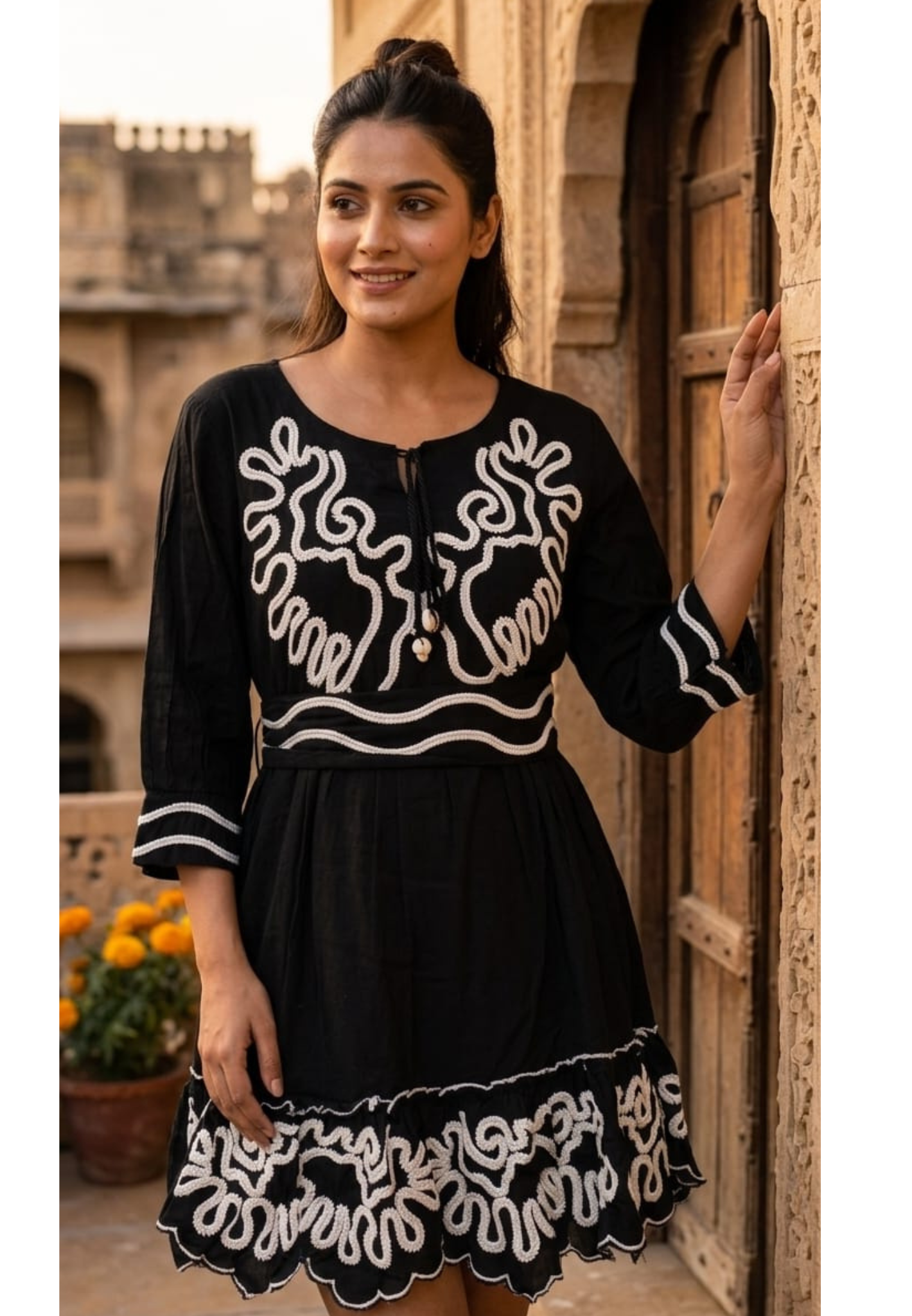 Midnight Onyx Scalloped Flare Frock with Contrast Corded Patchwork and Tasseled V-Neck Ankle Length- 14577