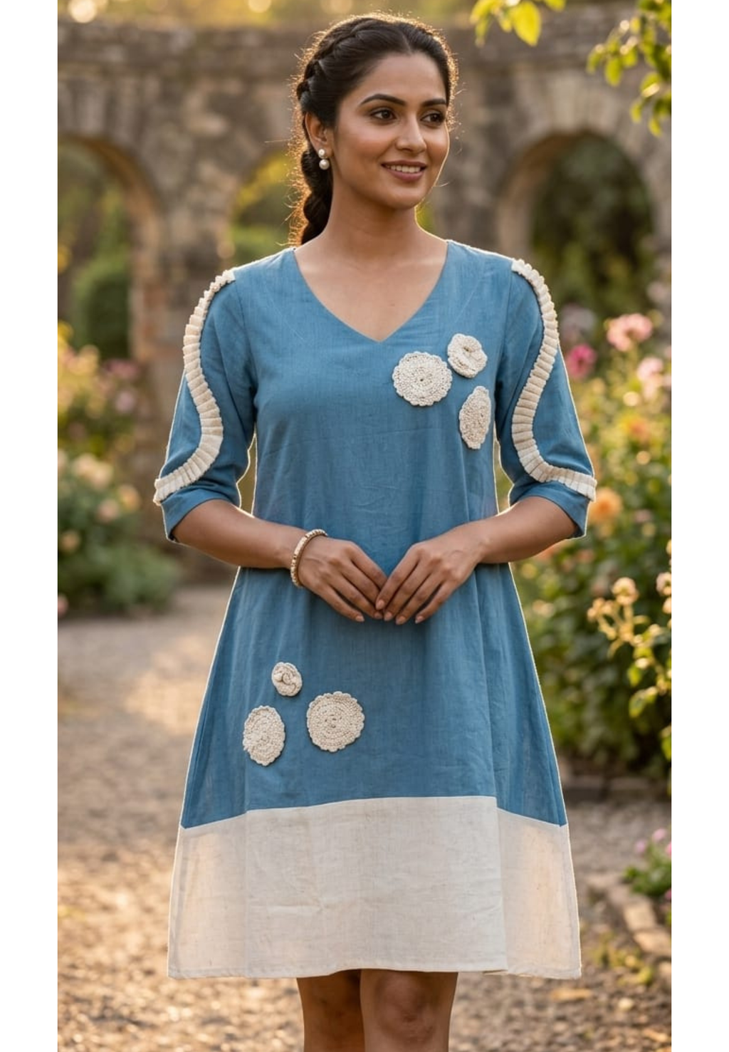 Beautiful Crochet Work Dual Tone Summer Wear Frock With Balloon Sleeve- 14573