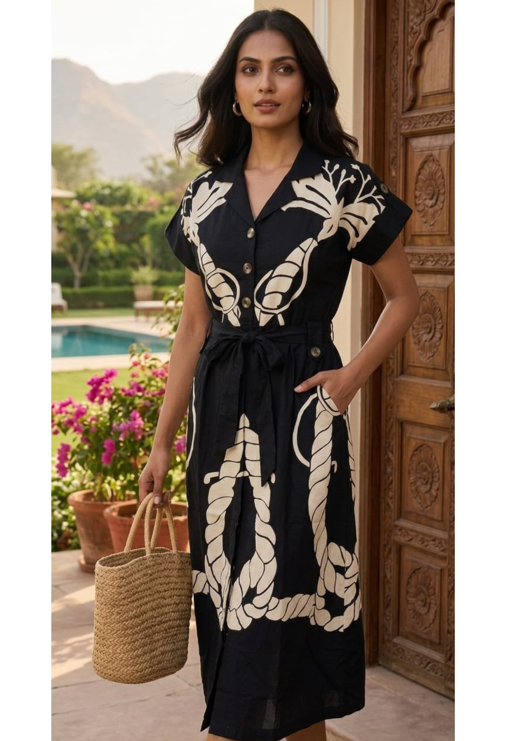 Midnight Noir Bold Nautical Patchwork A-Line Ankle Length Frock with Waist Tie- 14576