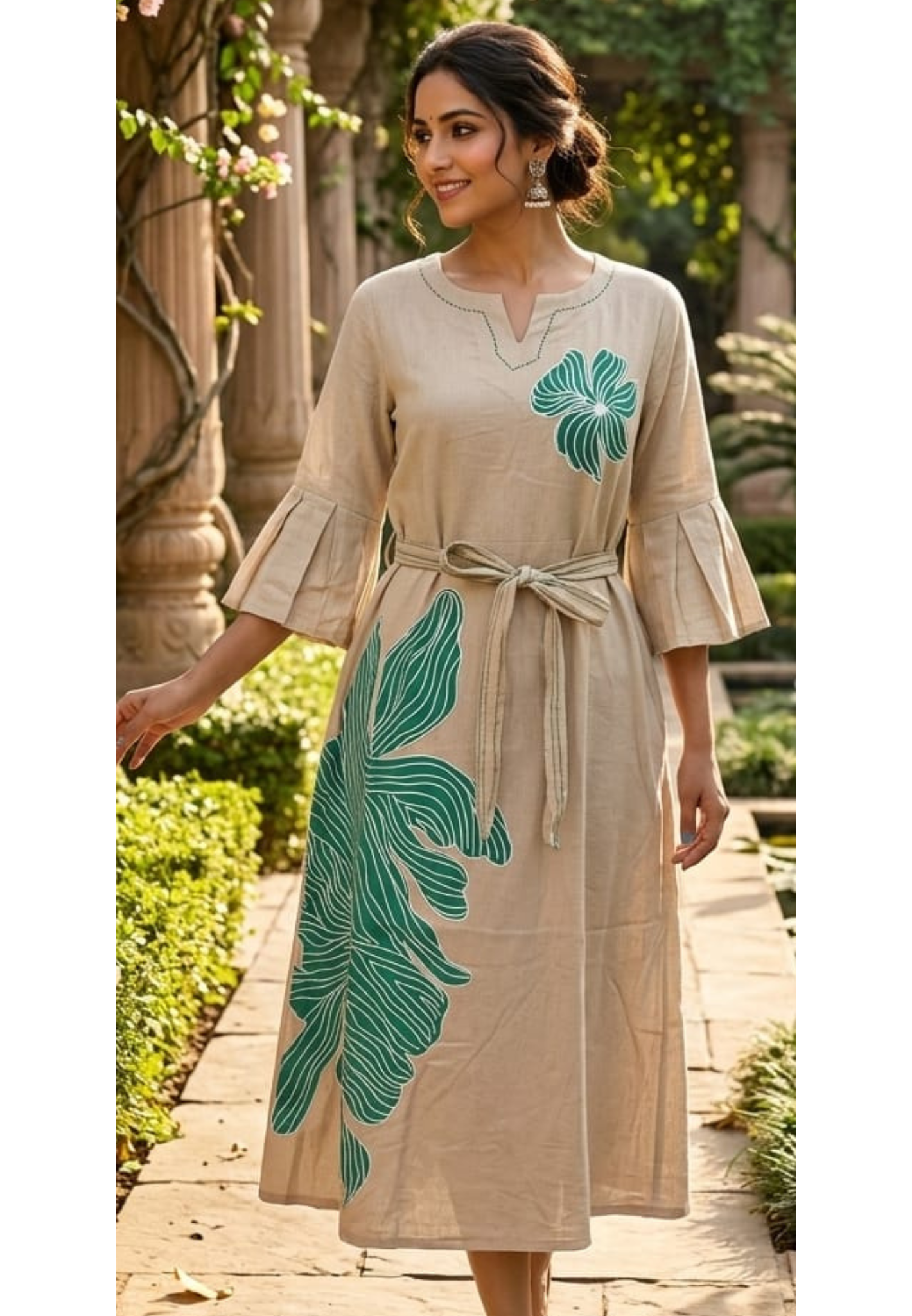Aqua Bloom Bold Botanical Patchwork A-Line Frock with Flared Sleeves and Waist Tie- 14572