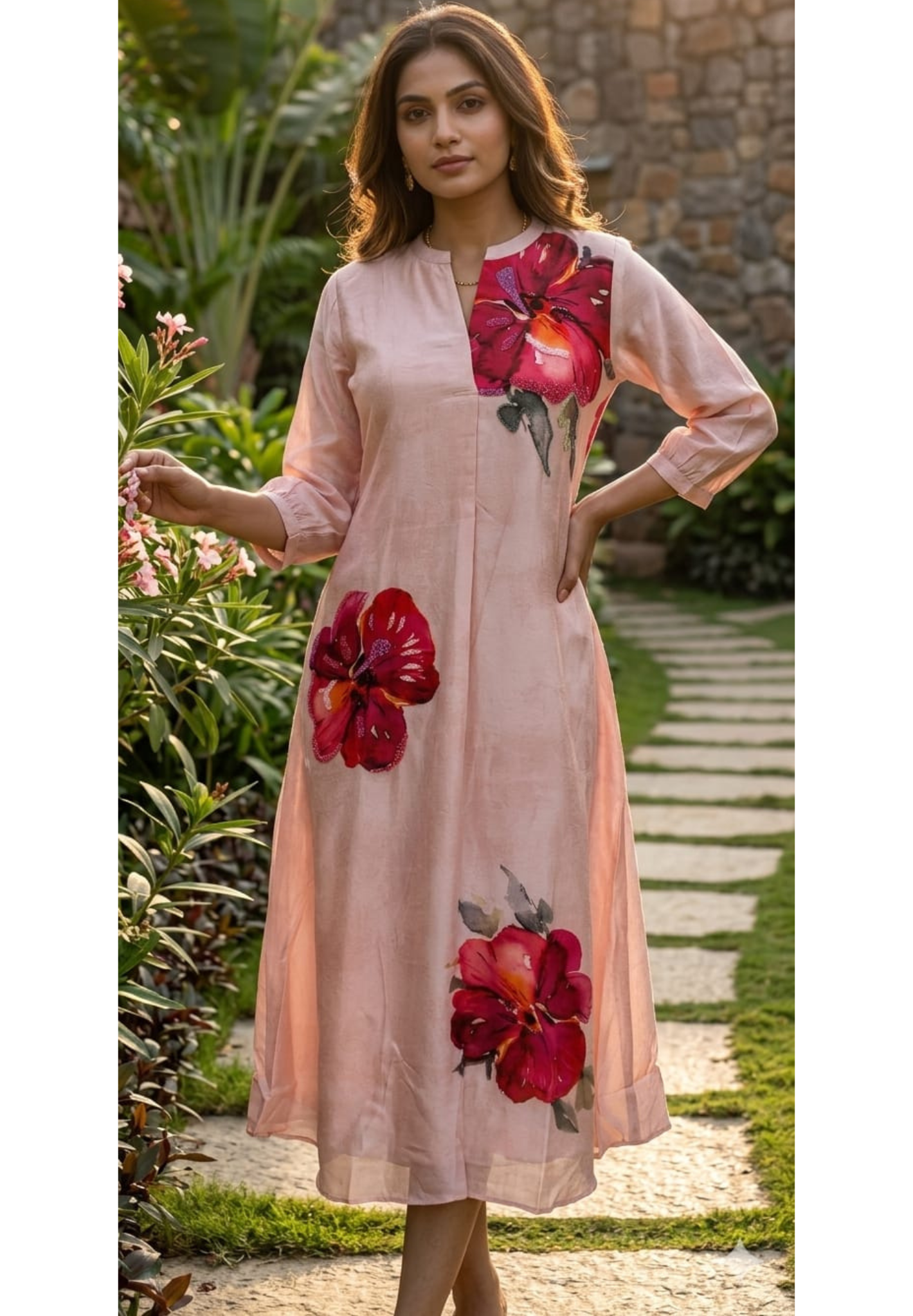 Digital Floral Print With Shimmery Glitter Highlights Russian Silk A-Line Frock- 14615