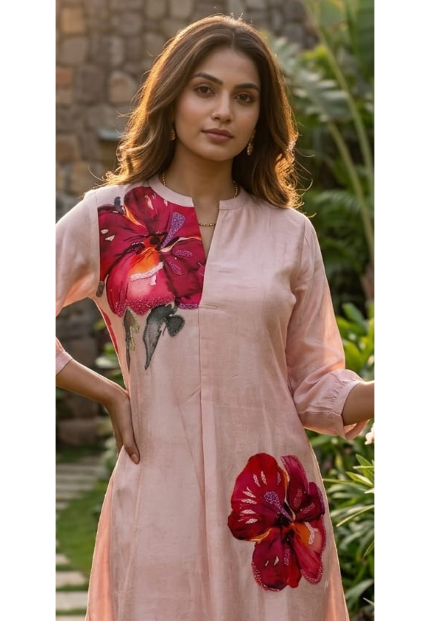 Digital Floral Print With Shimmery Glitter Highlights Russian Silk A-Line Frock- 14615