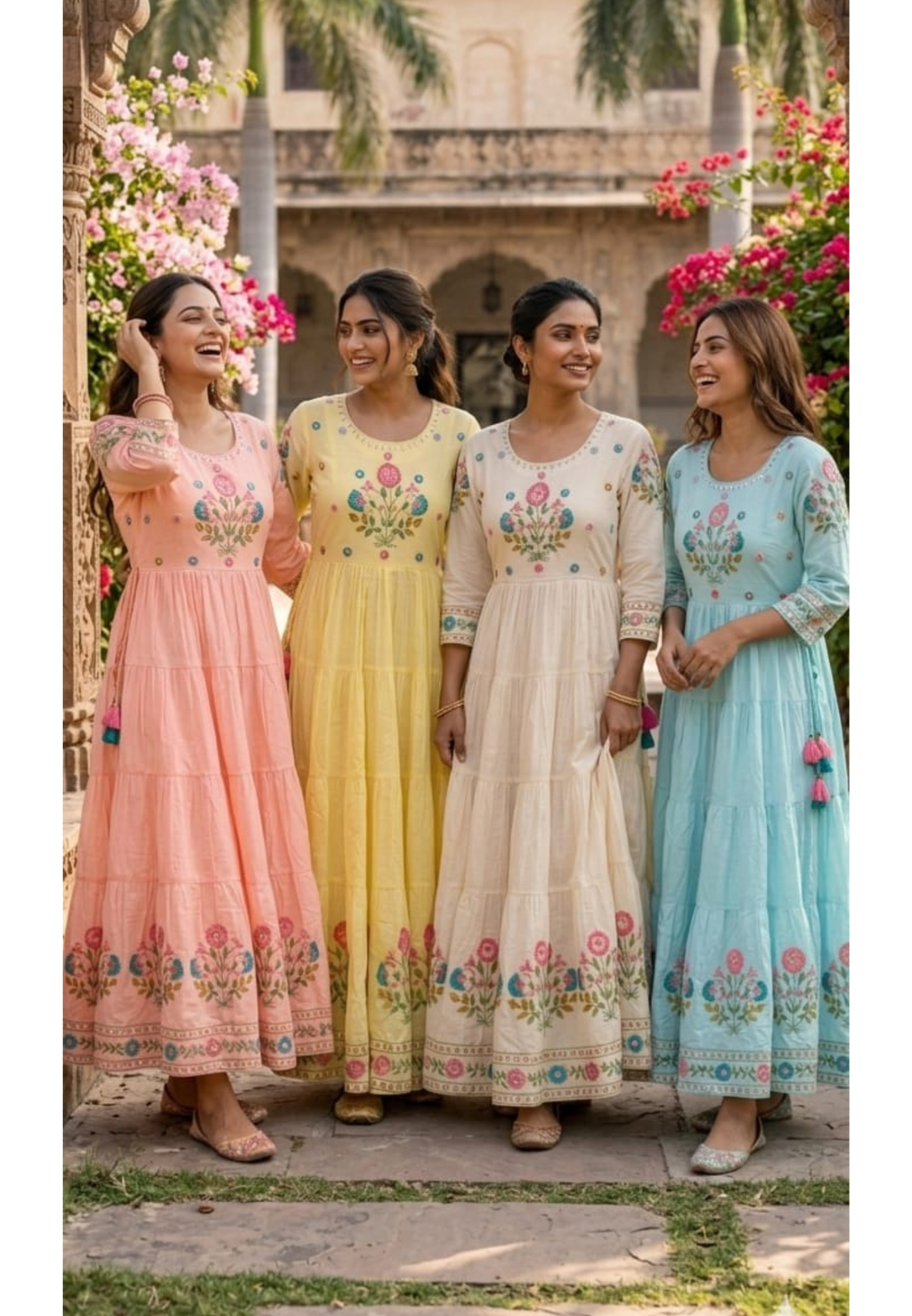 Multicolor Thread Embroidery Sequin Upwork Pastel Shade Multi Layers Plated Frock- 14627