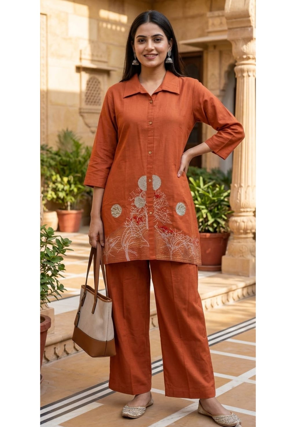 Vibrant Rustic Charm Intricate Floral Embroidery Flex Cotton Co-Ord Set- 14594
