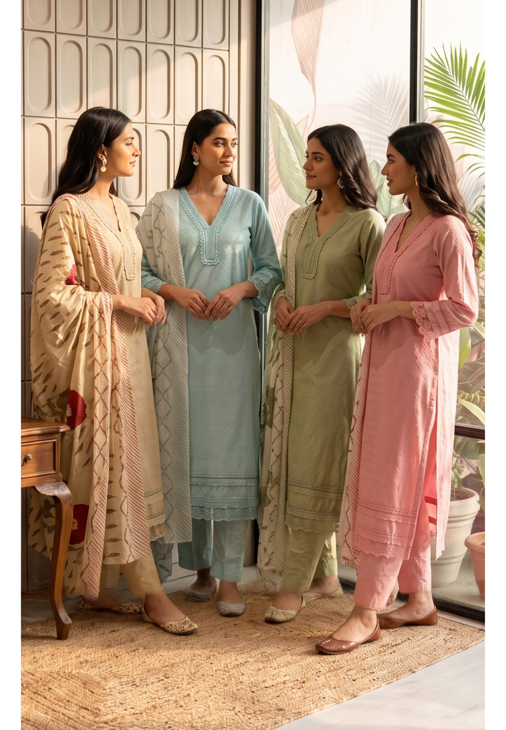 Elegant Straight Graceful Cotton Full Suit Set with Printed Dupatta & Lace Detailing- 14833