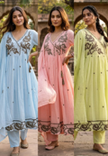 Cerulean Cross-Stitch Angrakha Tiered Pleated Flared Anarkali Full Suit Set- 14852
