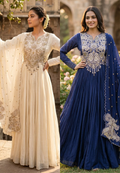 Georgette Pleated Anarkali Gown with Heavy Zardozi Hand-Embroidery, Pearl Tassel Detailing, and Scalloped Organza Dupatta Set- 14328