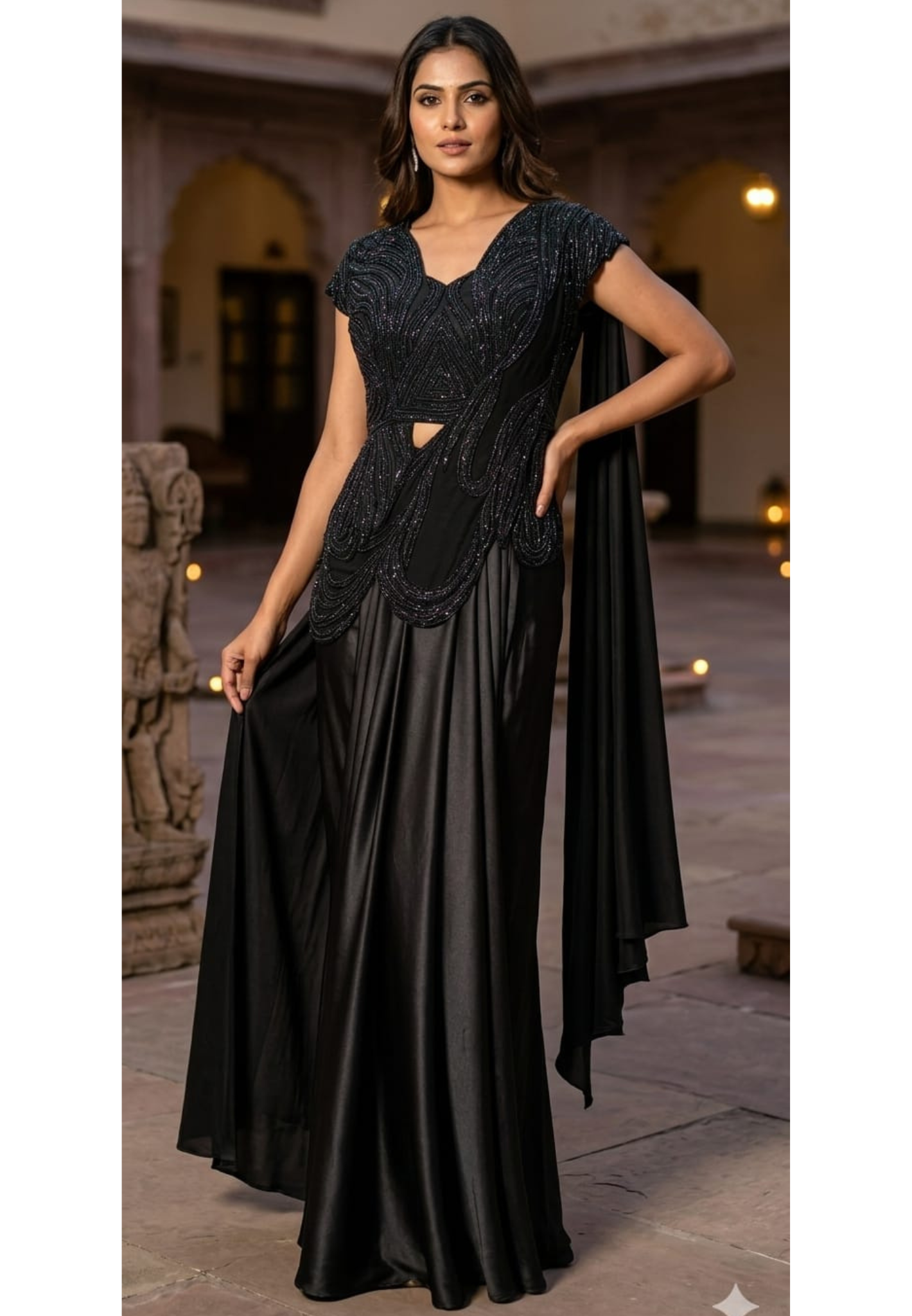 Midnight Noir Luxury Draped Saree Gown with Heavy Sequin & Bead Embellished Corset Blouse-14235-Dispatching after 30 Days