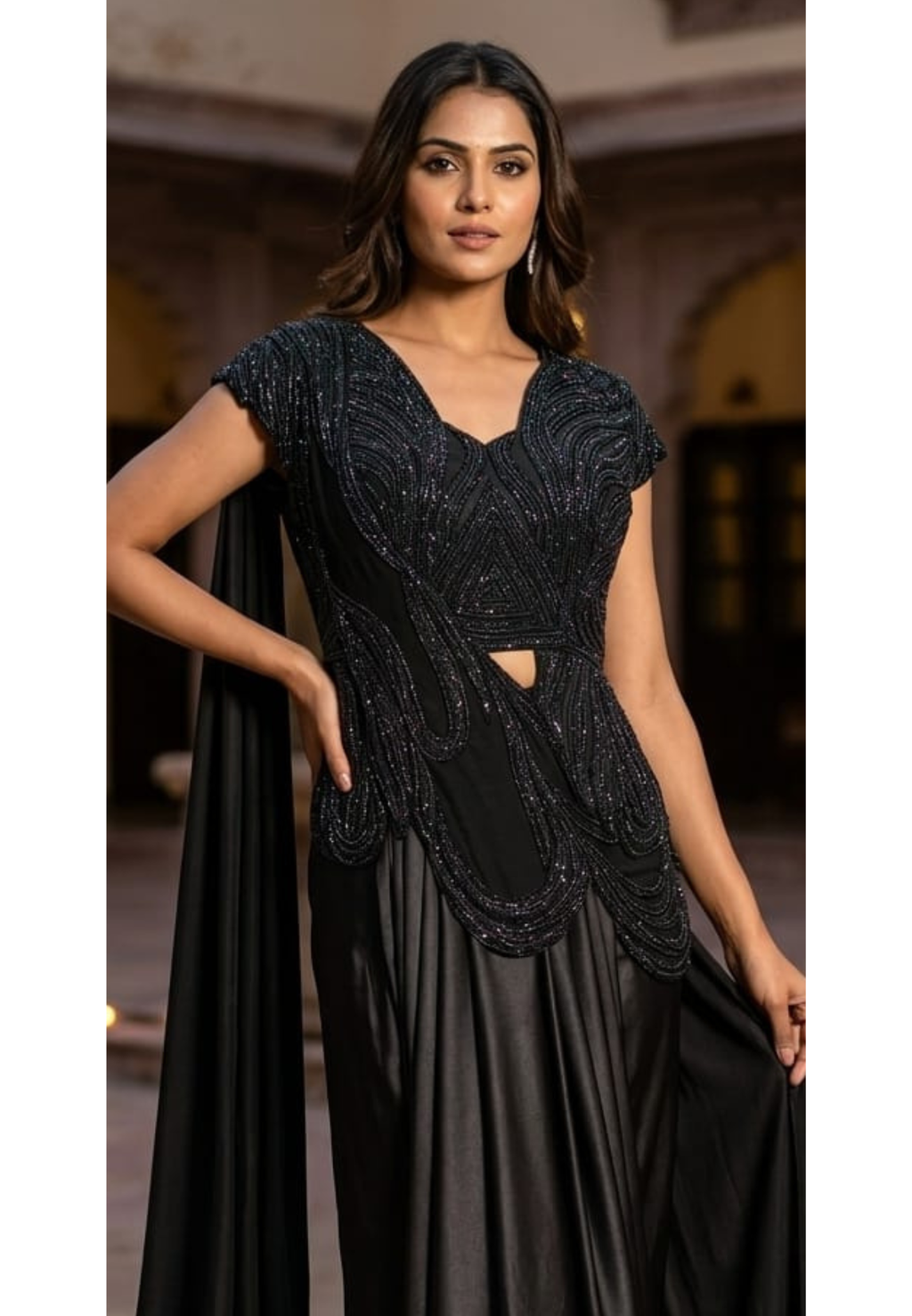 Midnight Noir Luxury Draped Saree Gown with Heavy Sequin & Bead Embellished Corset Blouse-14235-Dispatching after 30 Days