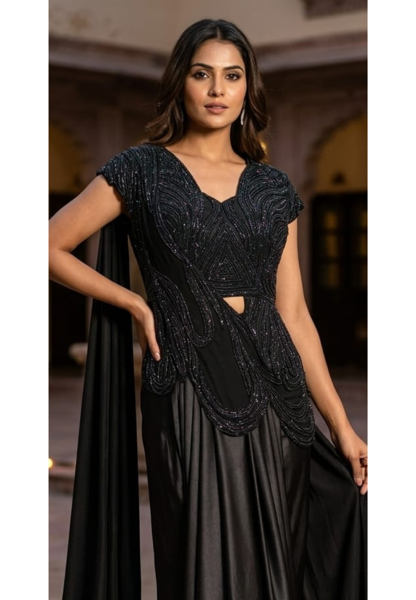 Midnight Noir Luxury Draped Saree Gown with Heavy Sequin & Bead Embellished Corset Blouse-14235-Dispatching after 30 Days