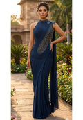Midnight Sapphire Designer Draped Saree Gown with Hand Embellished Neckline & Statement Shoulder Detailing-14867-Dispatching After 30 Days