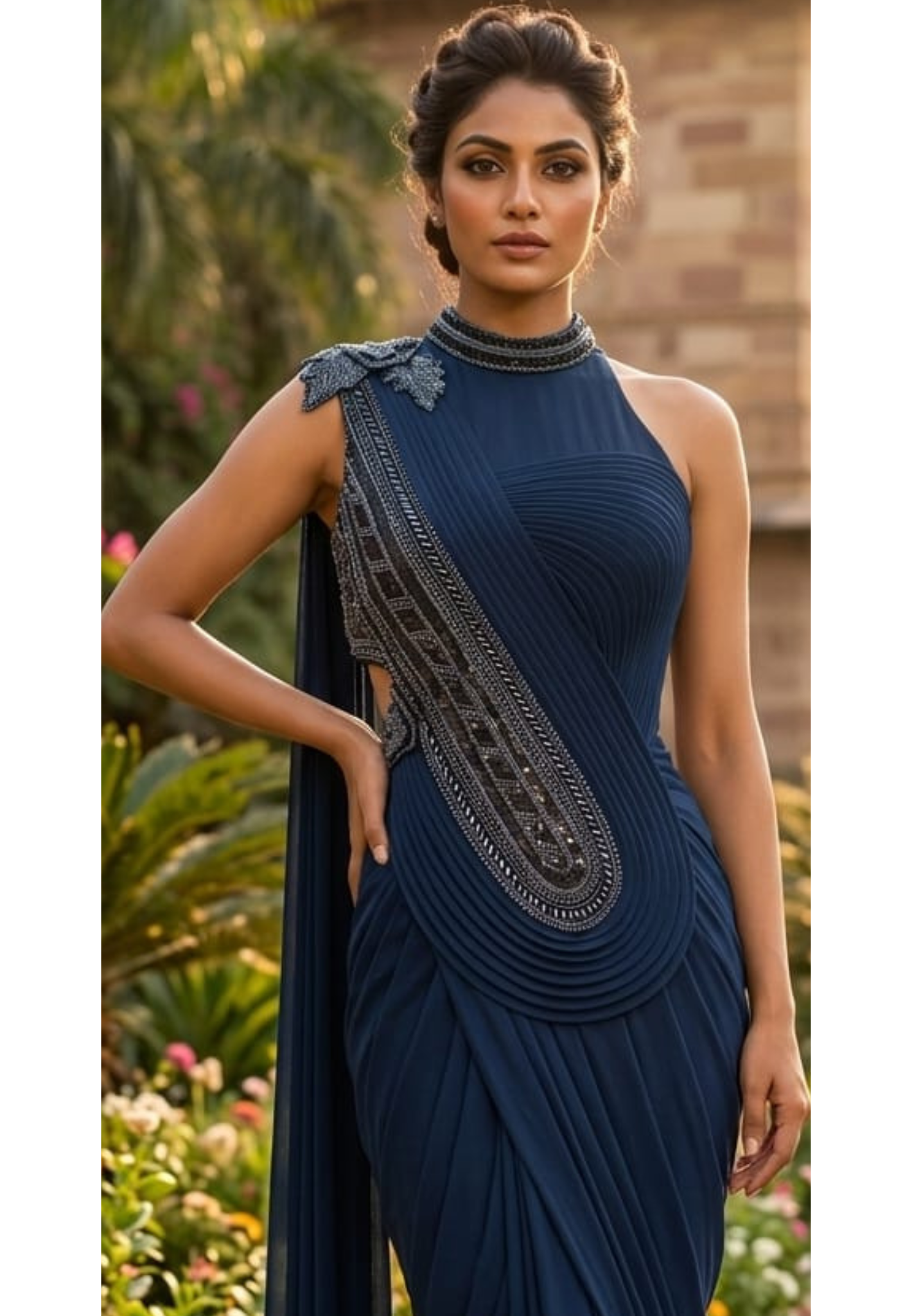 Midnight Sapphire Designer Draped Saree Gown with Hand Embellished Neckline & Statement Shoulder Detailing-14867-Dispatching After 30 Days