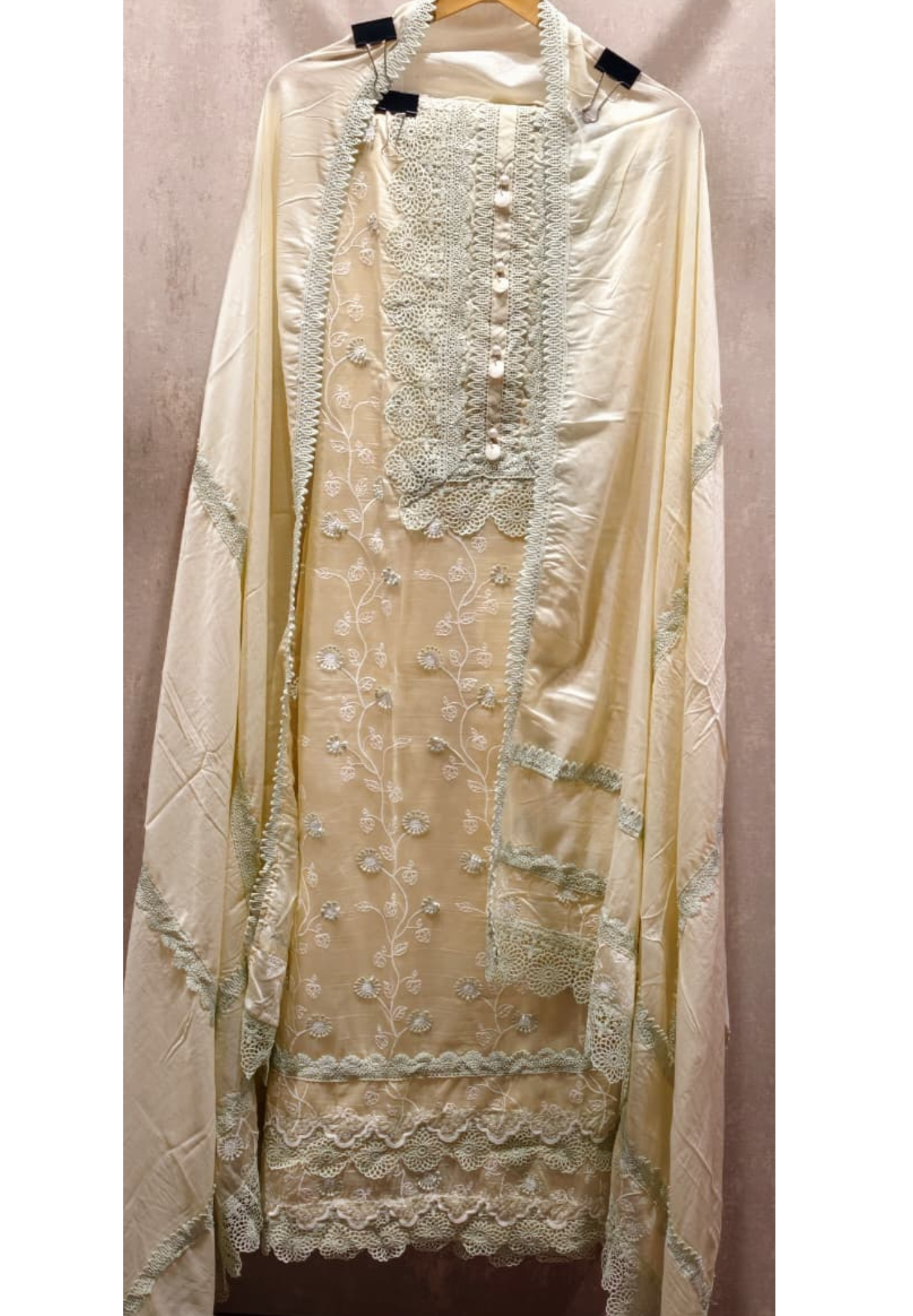 Premium Chanderi Elegant Cream Embroidered Unstitched Full Suit Set with Lace Detailing- 14918