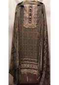 Premium Olive Brown Geometric Print Full Suit Set with Heavy Crosia Lace Detailing- 14910