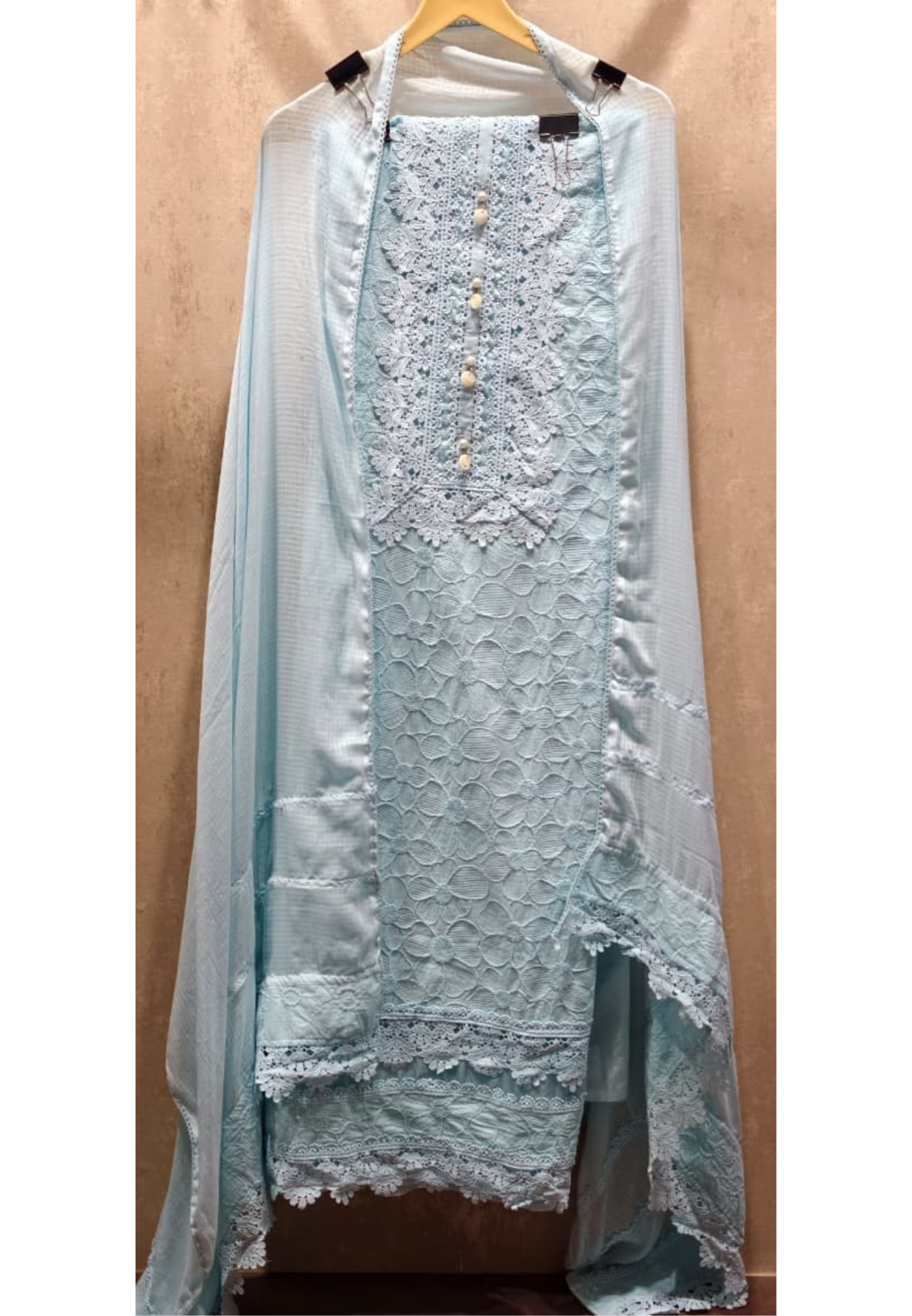 Premium Pastel Embroidered Unstitched Full Suit Set with Dupatta In Lace Detailing- 14916