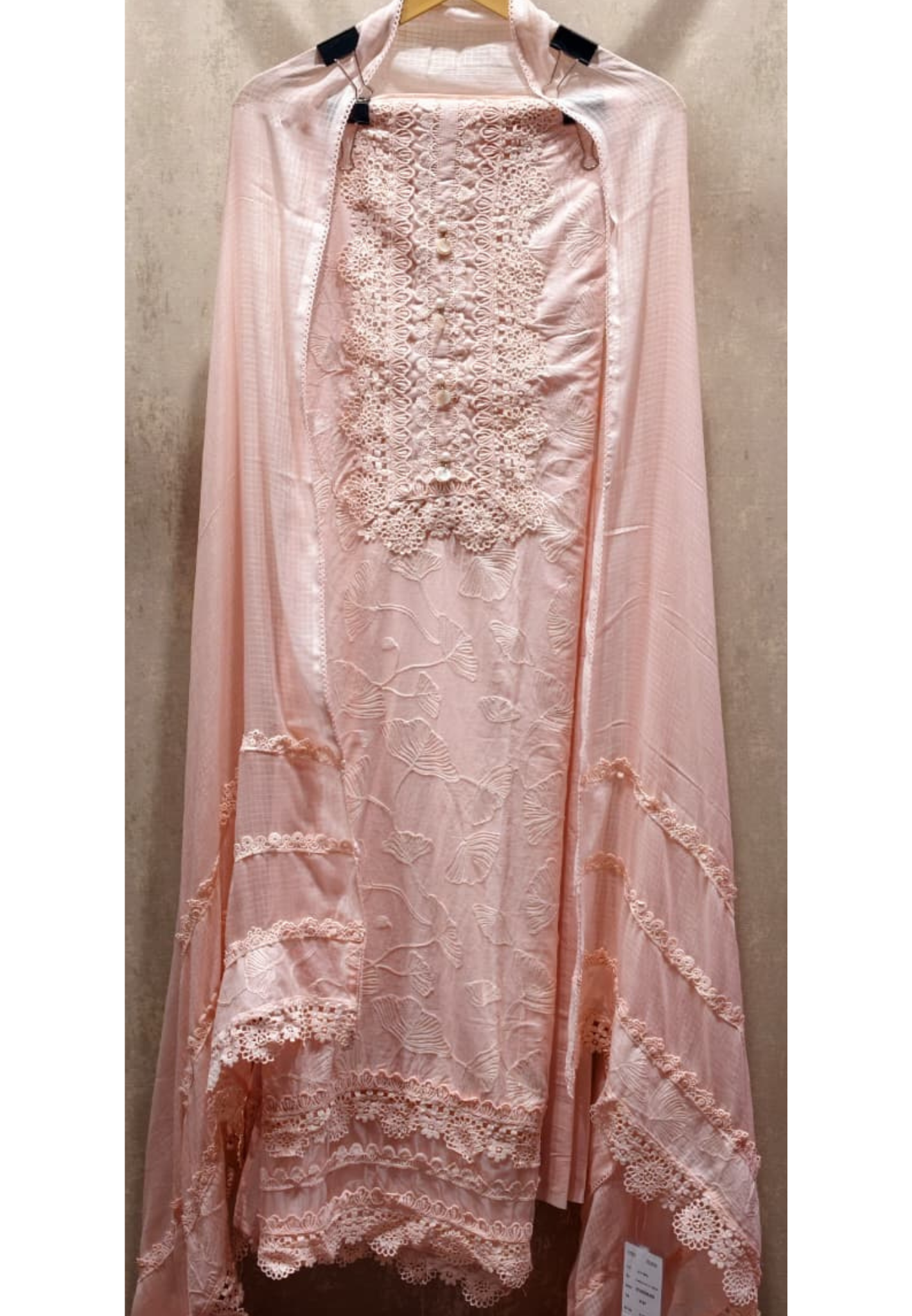 Soft Pink Pastel Embroidered Unstitched Full Suit Set with Dupatta In Lace Detailing- 14917