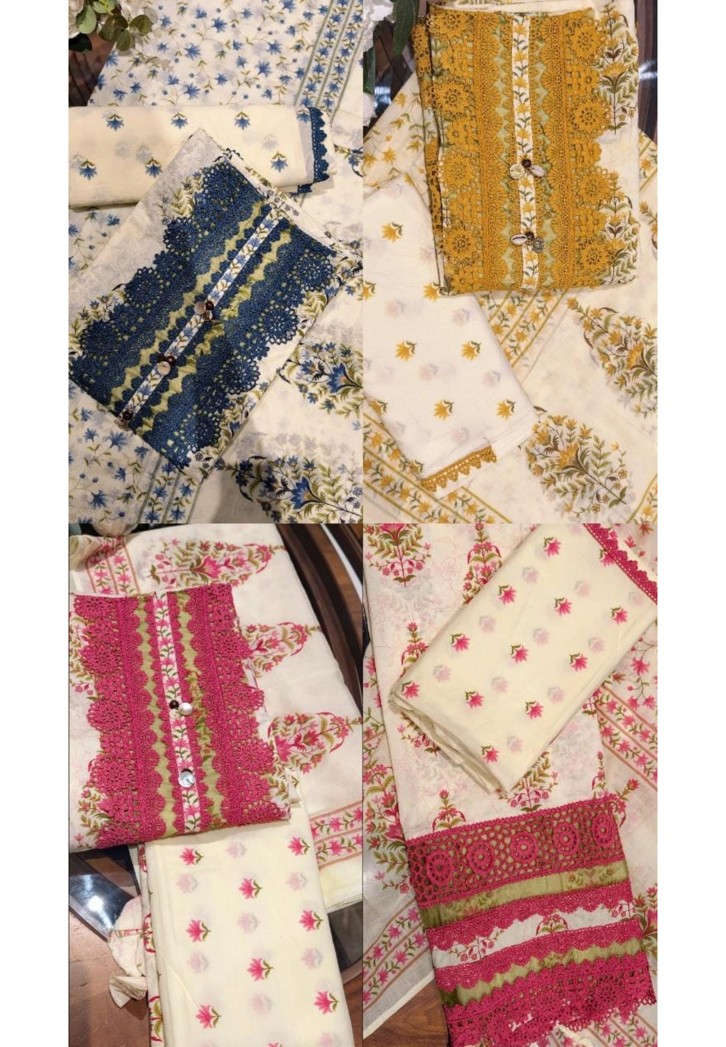 Premium Floral Print Unstitched Cotton Full Suit Set with Heavy Crosia Lace Detailing- 14913