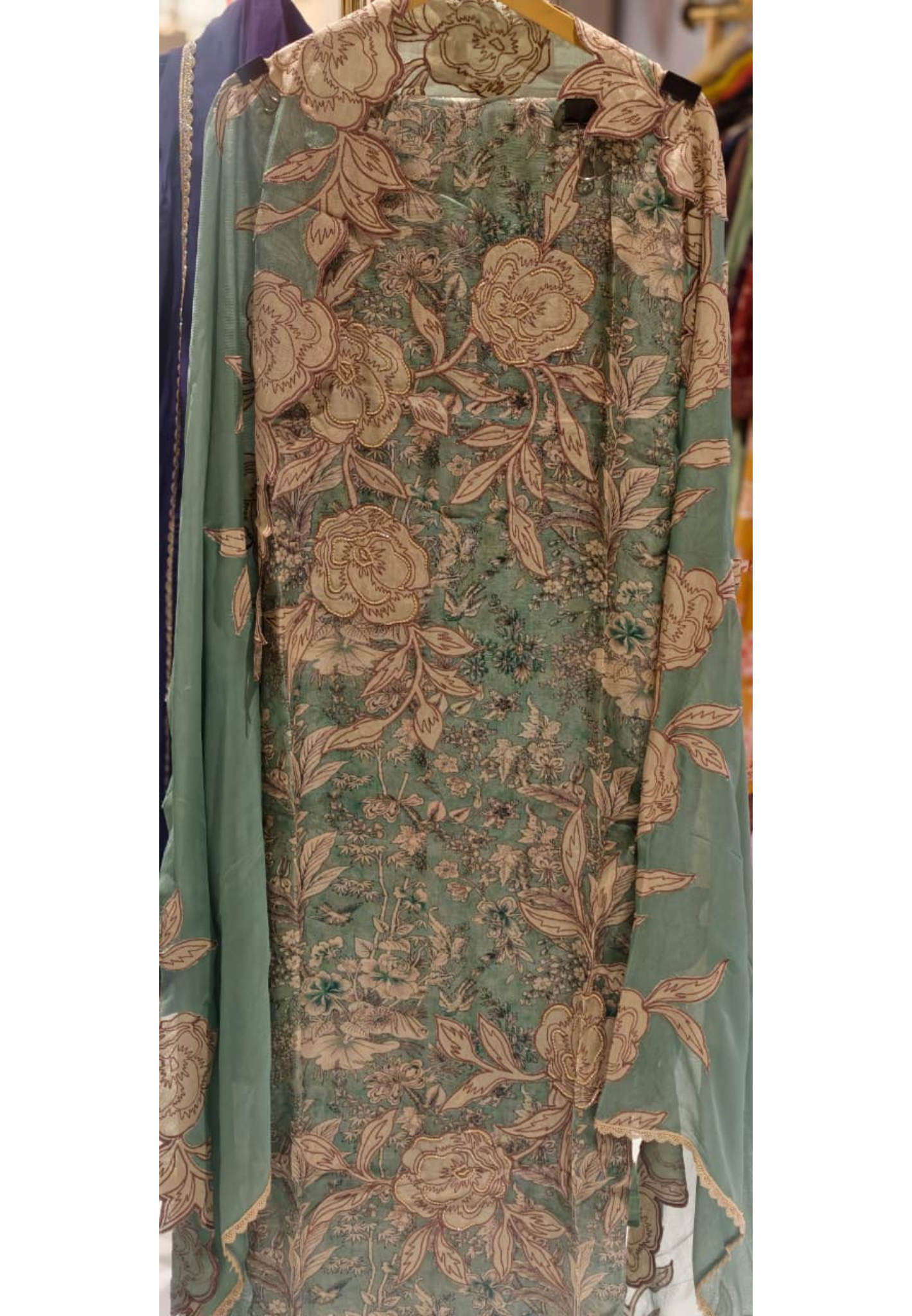 Printed Floral With Intricate Embroidery Highlights Minimal Lace Detailing Premium Unstiched Full Suit Set With Dupatta- 14403