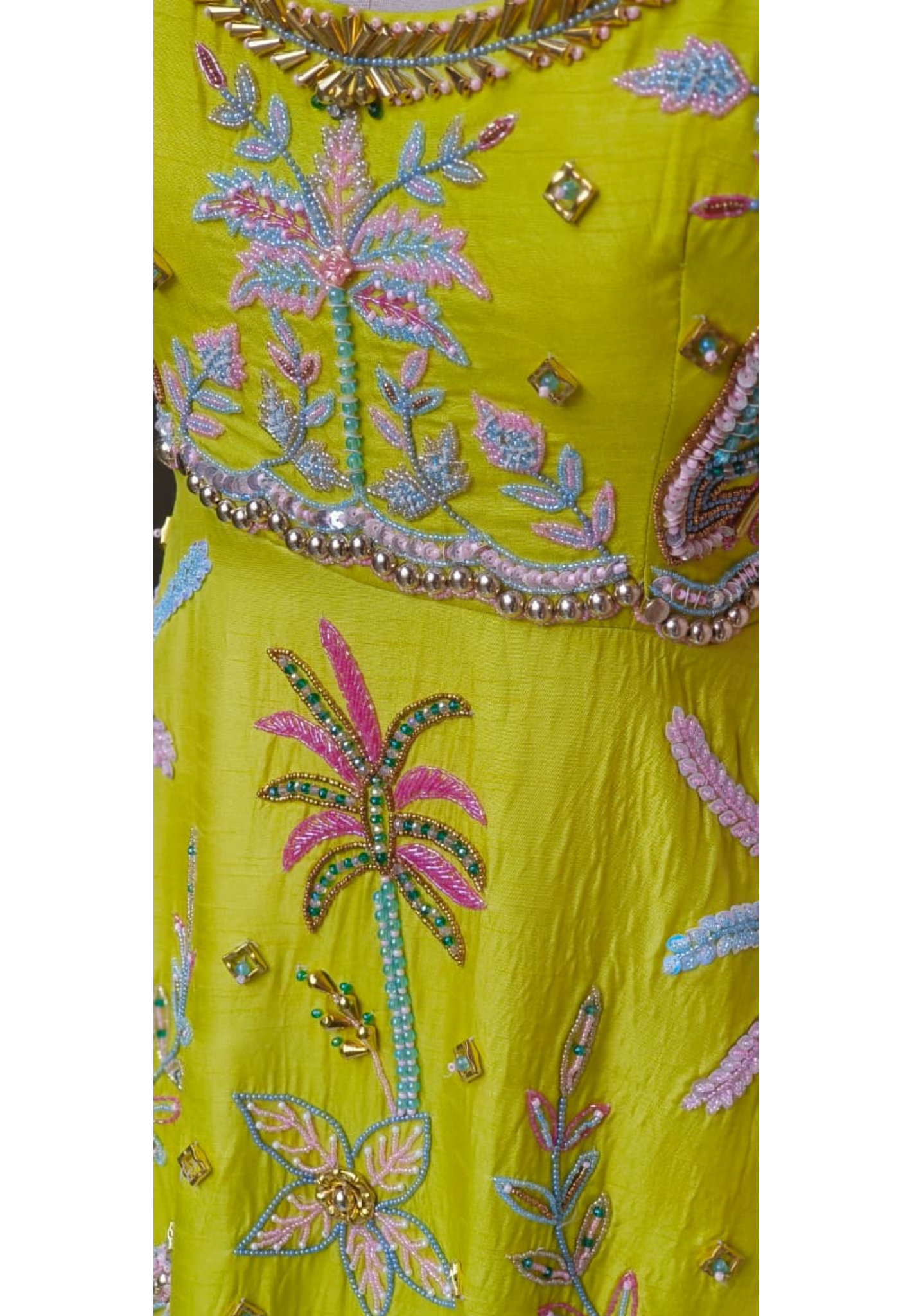 Lime Yellow Embroidered Scalloped Short Kurti with Halter Neck Straps and Flowy Palazzo Pant Set