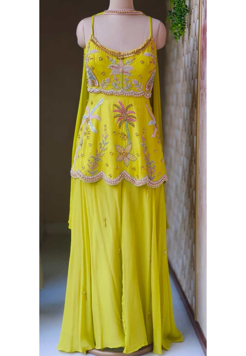 Lime Yellow Embroidered Scalloped Short Kurti with Halter Neck Straps and Flowy Palazzo Pant Set