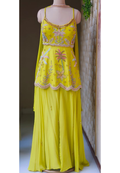Lime Yellow Embroidered Scalloped Short Kurti with Halter Neck Straps and Flowy Palazzo Pant Set