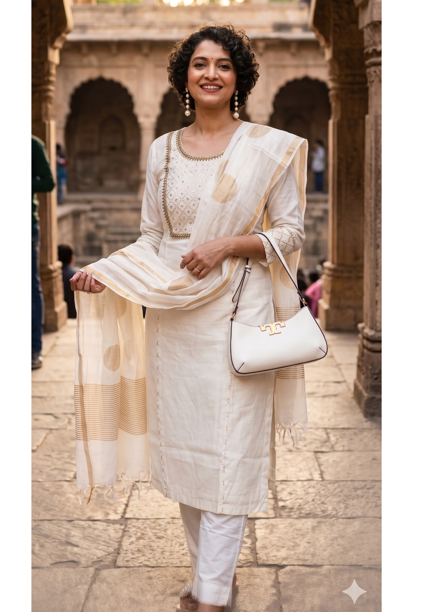 Pure Chanderi Elegant Off-White & Gold Embellished Full Suit Set with Statement Dupatta- 14922