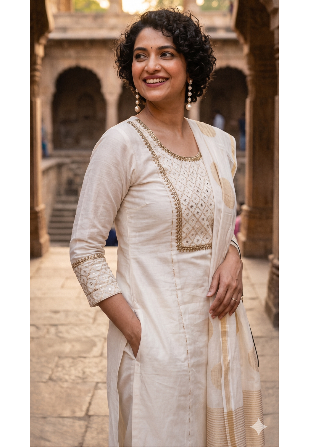 Pure Chanderi Elegant Off-White & Gold Embellished Full Suit Set with Statement Dupatta- 14922