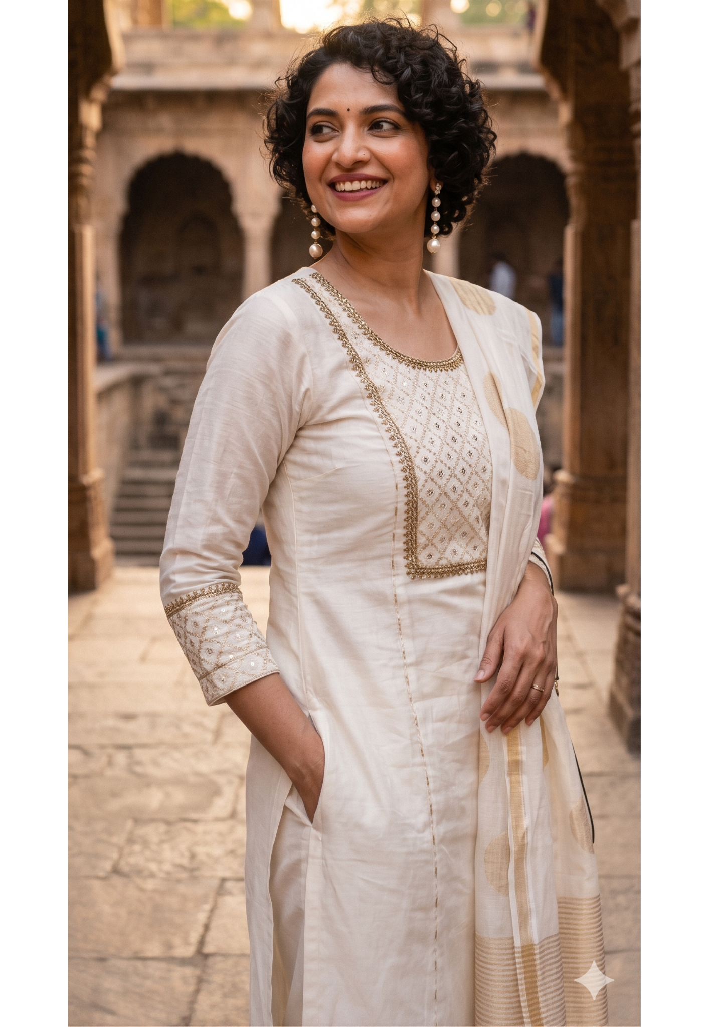 Pure Chanderi Elegant Off-White & Gold Embellished Full Suit Set with Statement Dupatta- 14922