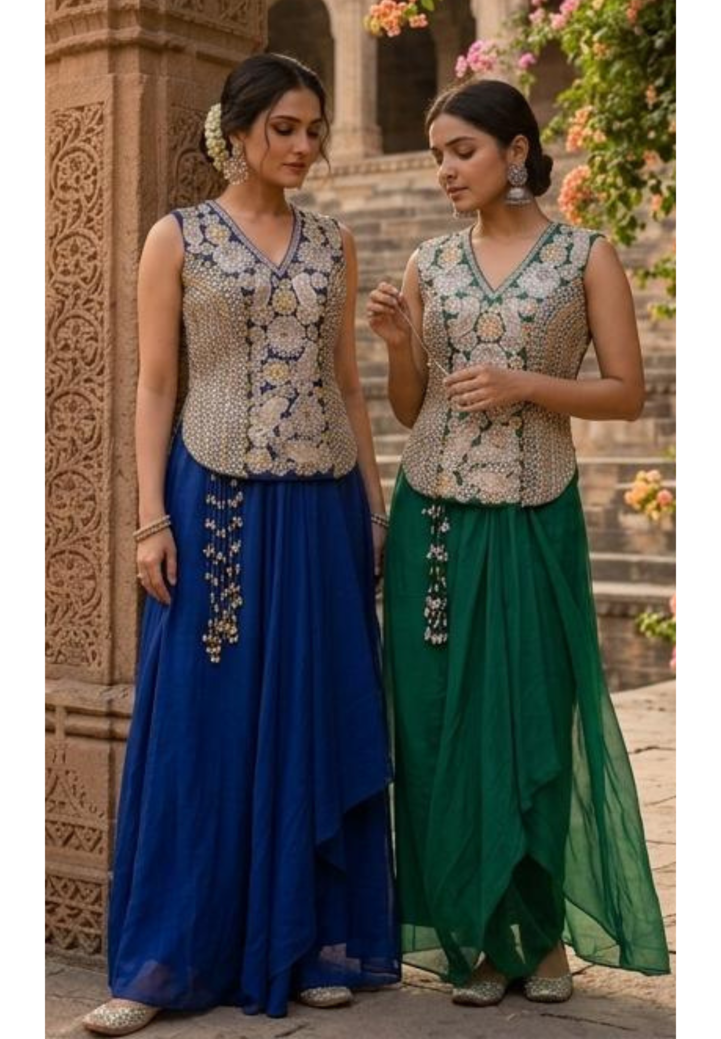 Hand-Embroidered Koti Jacket and Draped Skirt Set Flowing  Dhoti Draped Skirt With Tassel Accent