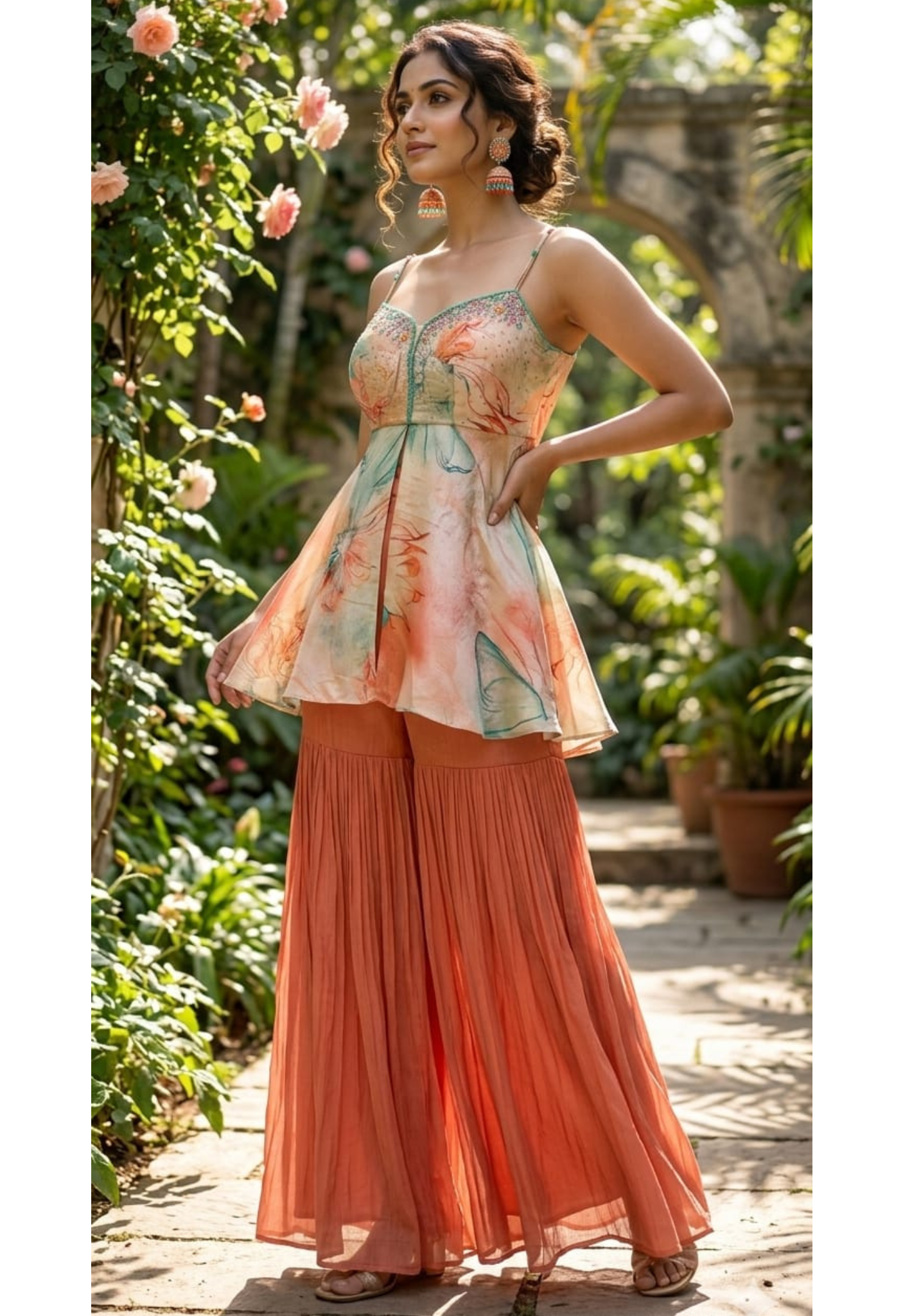 Peach Floral Print Asymmetric Peplum Top with Embellished Sweetheart Neckline and Pleated Sharara Pants Set