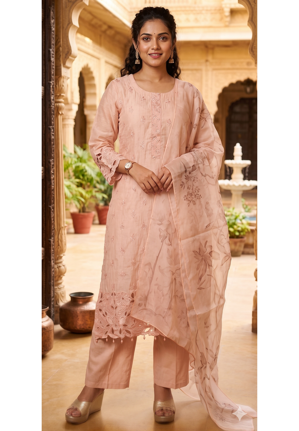 Premium Pure Mul Chanderi Pastel shade Embroidered Kurti with Fine Thread Motifs, Lace Sleeves & Cutwork Border-13652