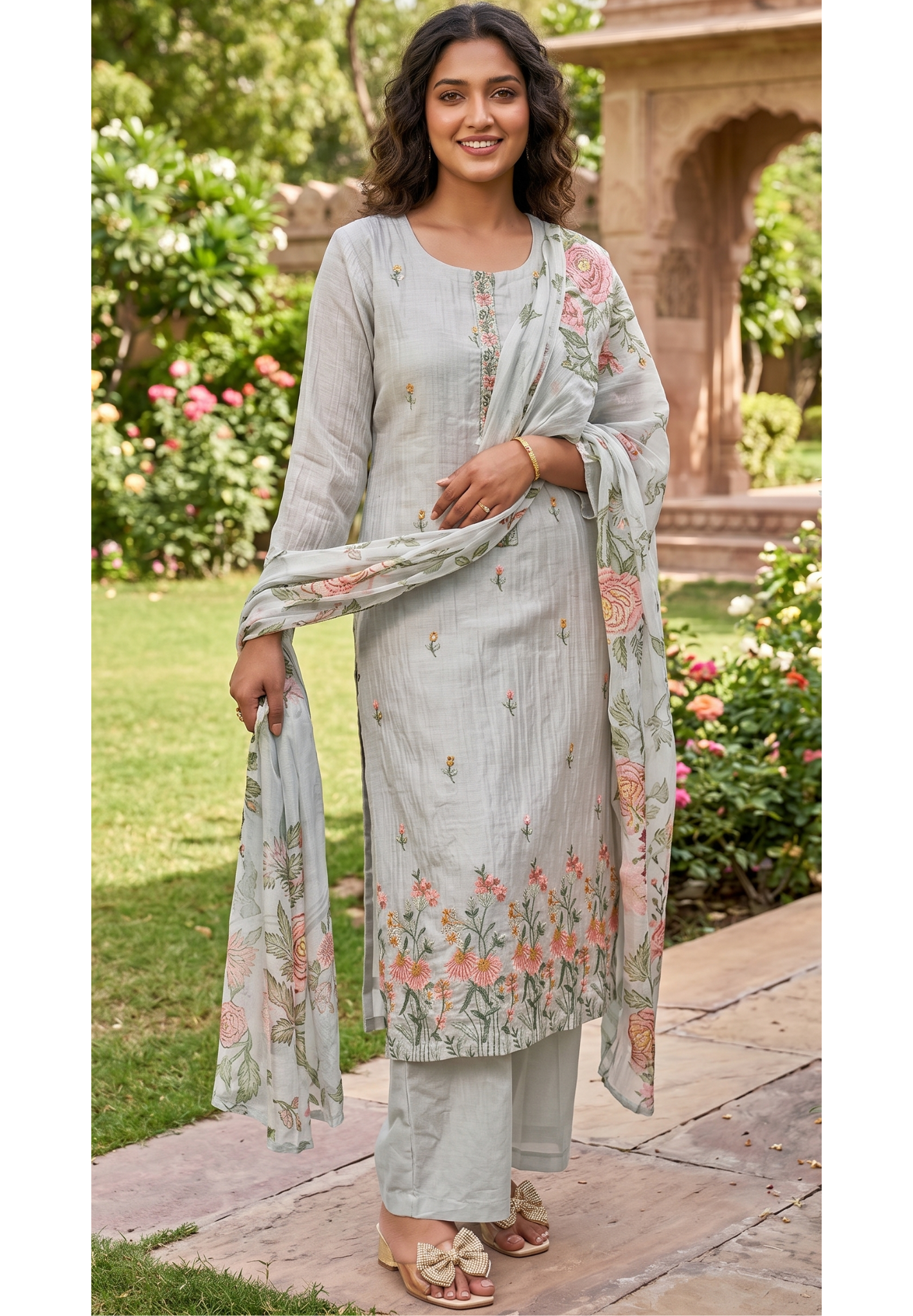 Pastel Soft Apricot & Ash Floral Spring Embroidered Mul Chanderi Full Suit Set With Pure Chiffon Dupatta - 13719,13730