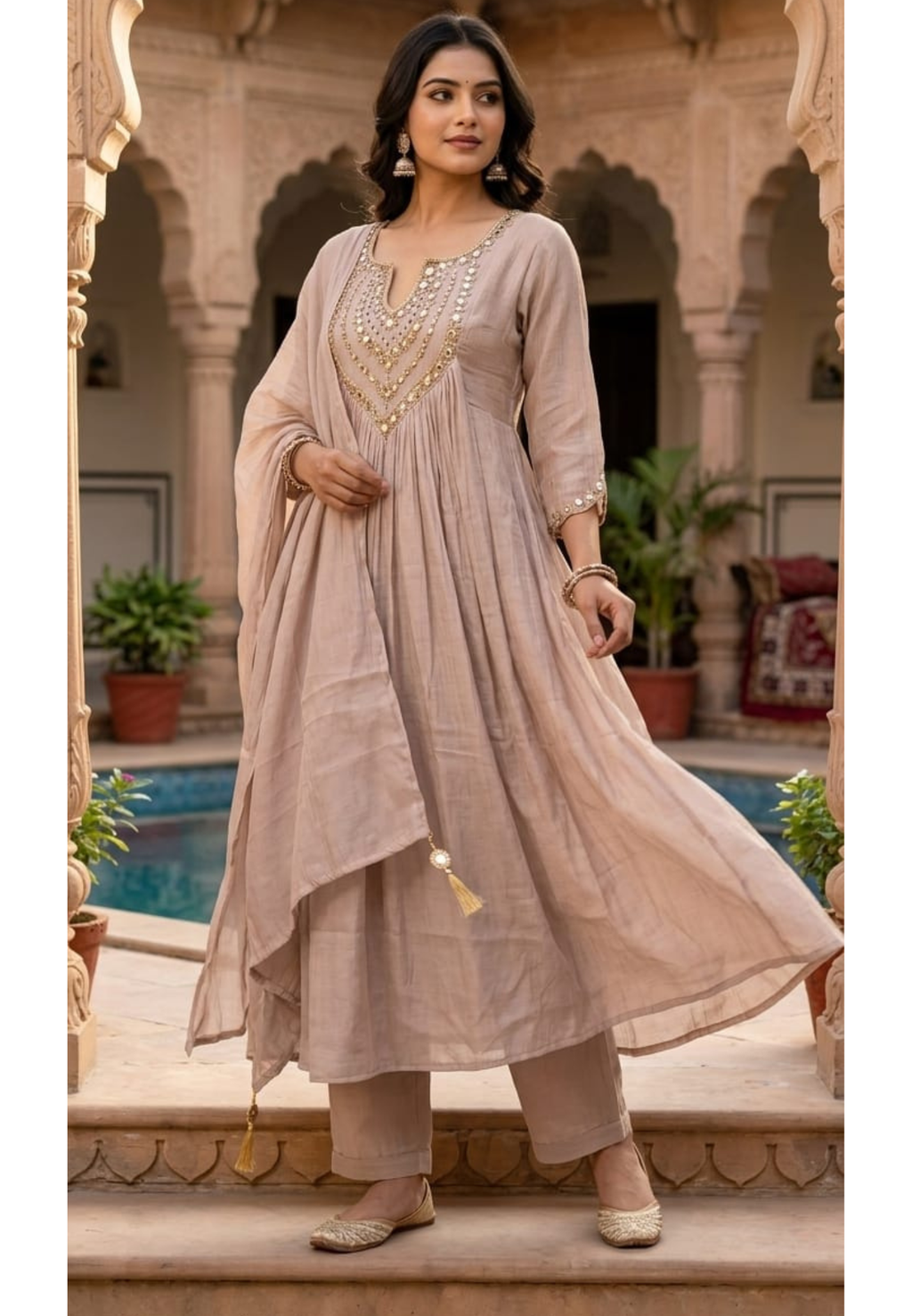 Elegant Festive A-Line Full Suit Set with Real Mirror Embroidery & Tassel Dupatta