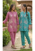 Abstract Floral Scattered Embroidery Jaal Sleeve Work Cotton Co-Ord Set- 14961