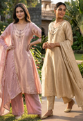 Elegant Classic Shiny Jewel Look Hand-Embellished Neckline Tissue A-Line Full Suit Set With Dupatta- 14935