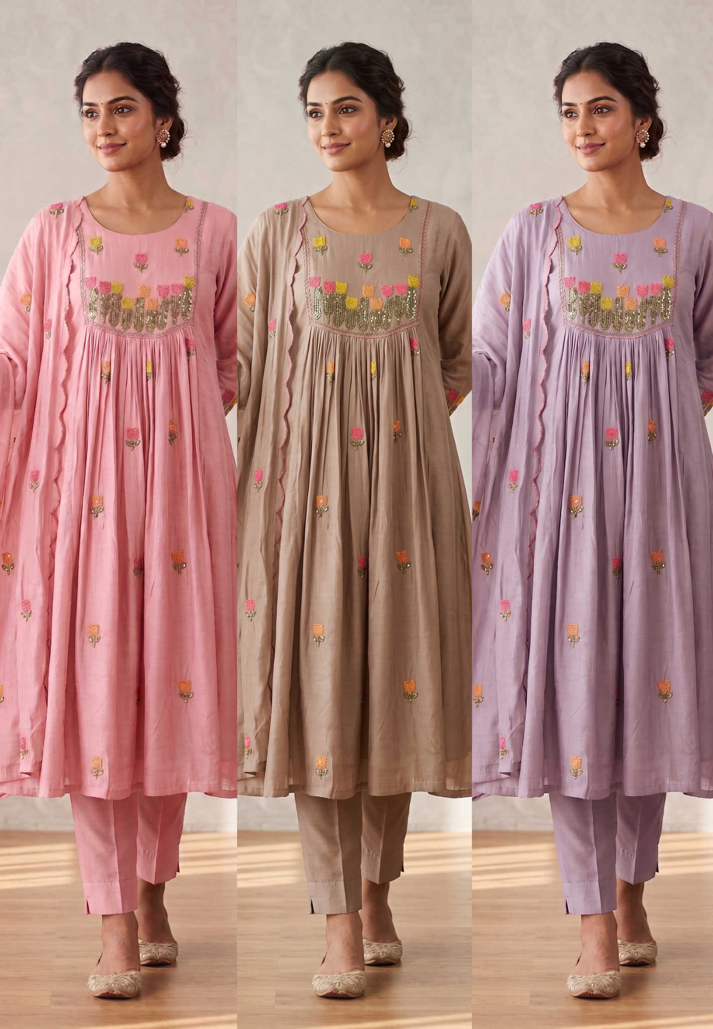 Festive Ethnic Ensemble with Floral Motif Embroidery Surat Mul-Chanderi Full Suit Set With Dupatta- 15079