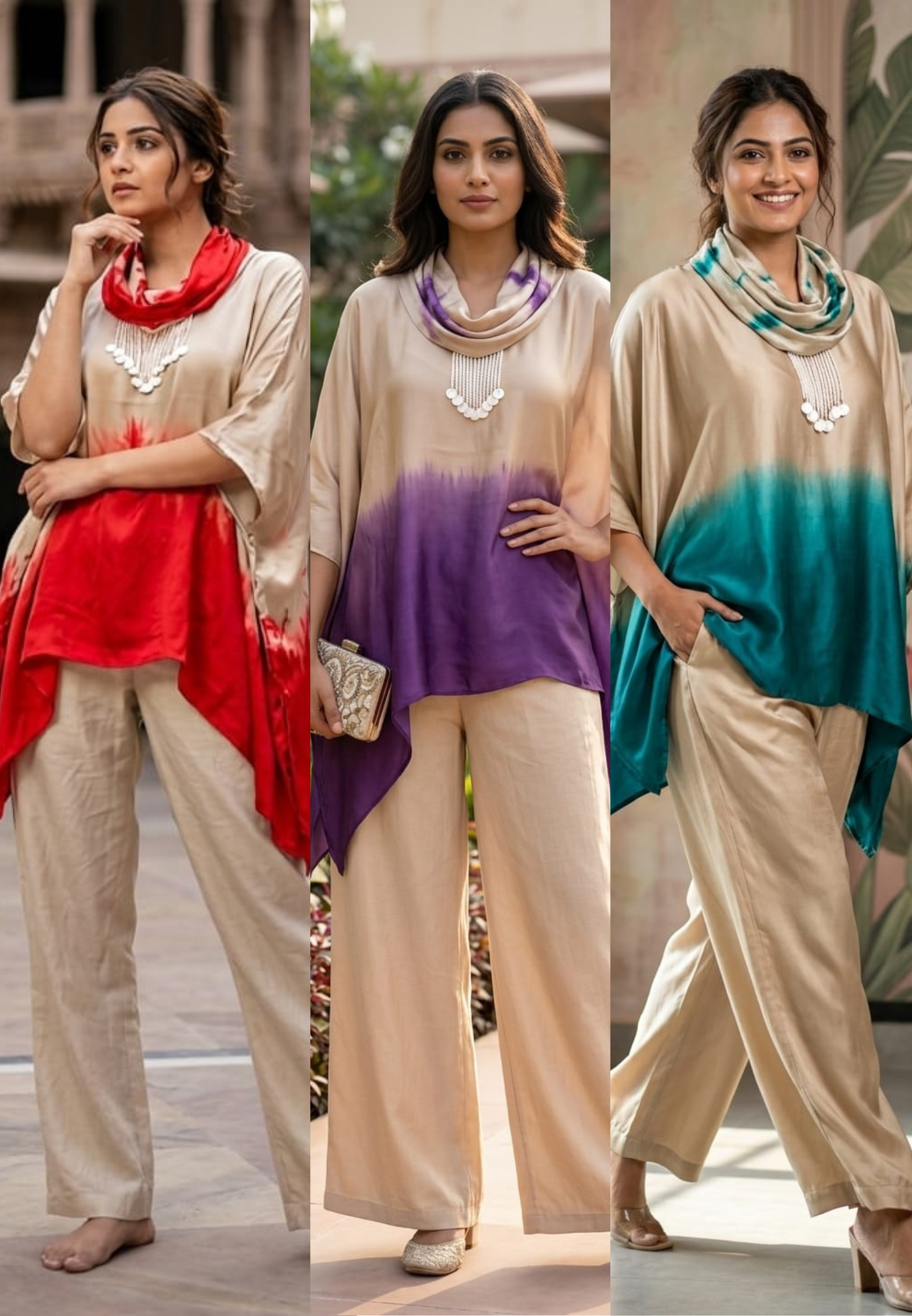 Dip-Dye Ombré Cowl Tunic with Wide-Leg Trousers Indo Wear- 14949
