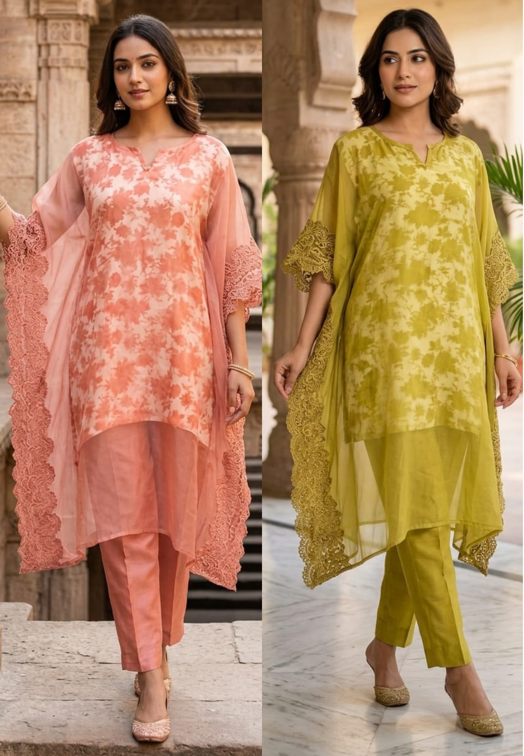 Fancy Floral Inner With Bottom & Organza Overlay Kaftan- 14954