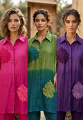 Statement Floral Applique Collared Button-Down Ombre Mul Chanderi Co-Ord Set- 15127