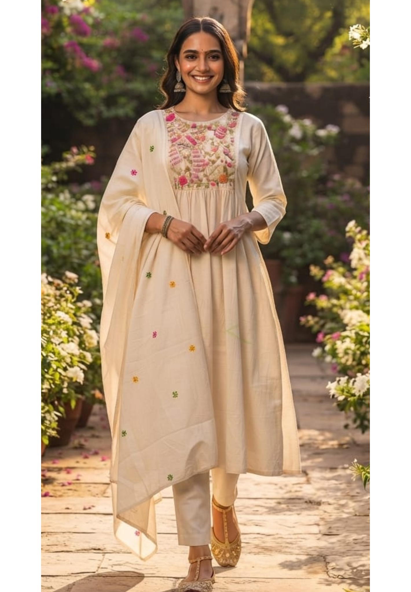 Ivory Floral Embroidered Yoke A-Line Full Suit Set With Dupatta In Kora Cotton Fabric- 14689