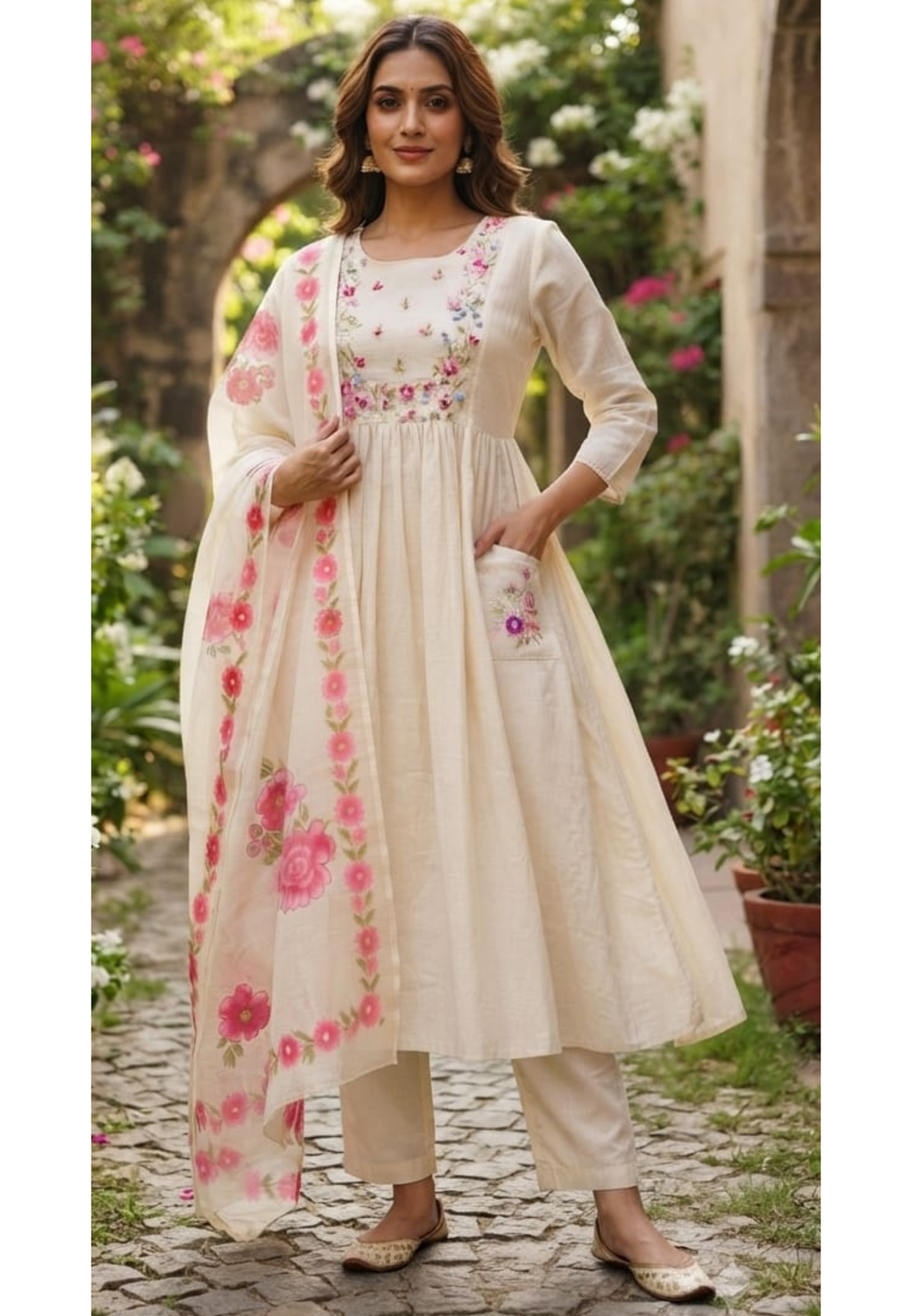Ivory Floral Embroidered Gathered A-Line Kora Cotton Full Suit Set With Dupatta & Pocket- 14689