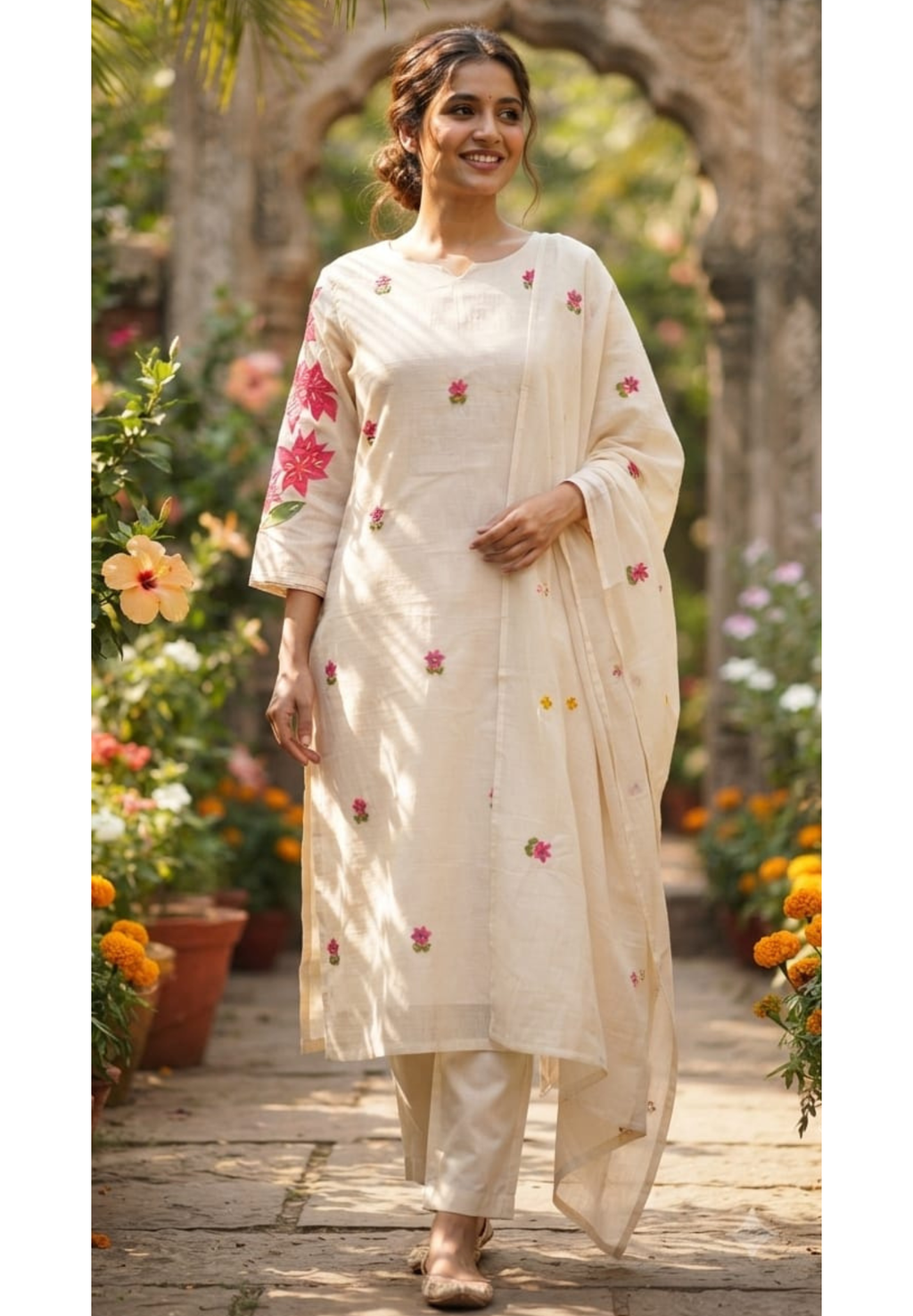 Ivory Spring Floral Embroidered With Print Kora Cotton Full Suit Set With Dupatta- 14689