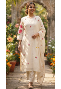 Ivory Spring Floral Embroidered With Print Kora Cotton Full Suit Set With Dupatta- 14689