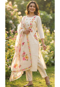 Spring Floral Embroidered Over Yoke & Side Pocket Kora Cotton Full Suit Set With Dupatta- 14689