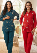 Premium Scattered Floral Embroidered Mul-Chanderi Co-Ord Set With Seperate Inner- 15313