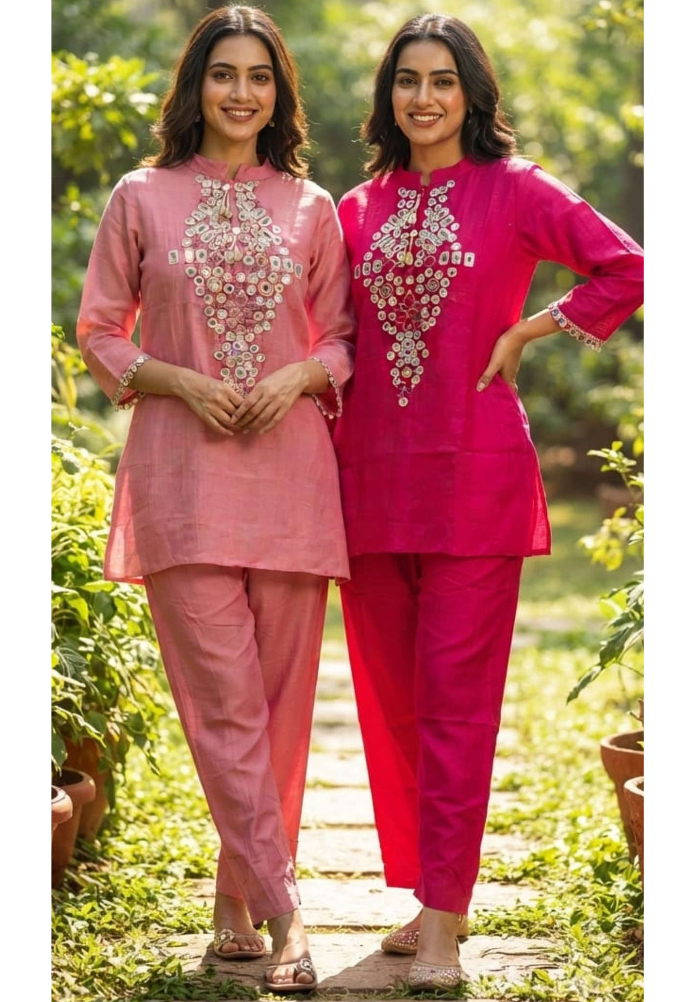 Mul-Chanderi Real Mirror Intricate Embroidery With Shell Detailing Co-Ord Set- 15398