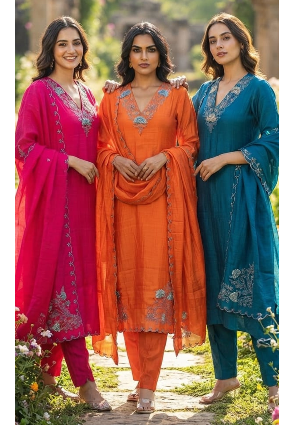 Crochet Thread Embroidered V-neck A-Line Mul-Chanderi Full Suit Set With Dupatta- 15400