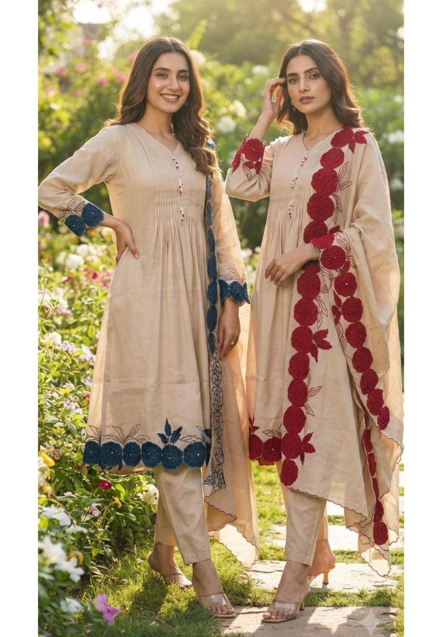Bold Floral Applique Cut-Work Pleated A-Line Mul-Chanderi Full Suit Set With Dupatta- 14561